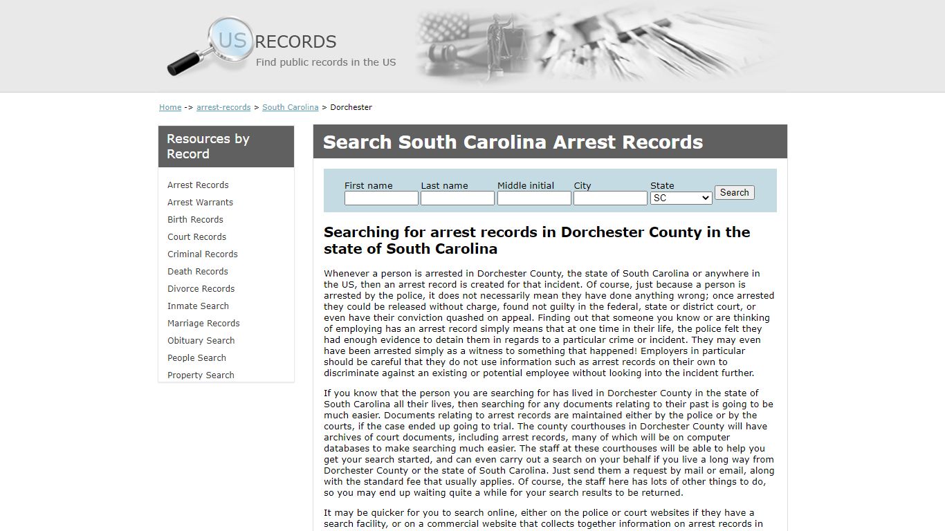 Search Arrest Records Dorchester South Carolina | US Records